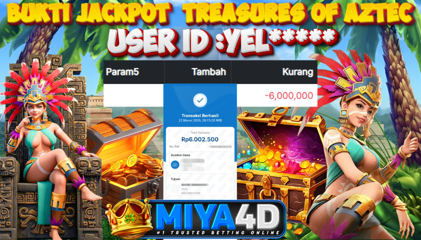 MIYA4D - Bukti JP TREASURES OF AZTEC 6.000.000 Member YEL*****